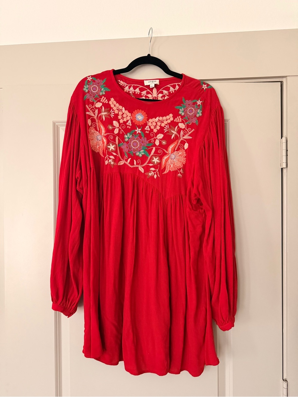 Red Embroidered Boho Tunic Top or Dress